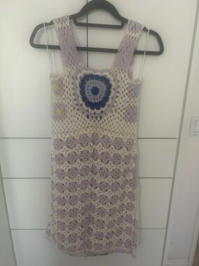 Zara Crochet Tank cover up Dress in Cream and Lavender with Blue Accent